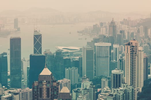 Haze Hong Kong downtown view from Victoria peak. Filtered shot