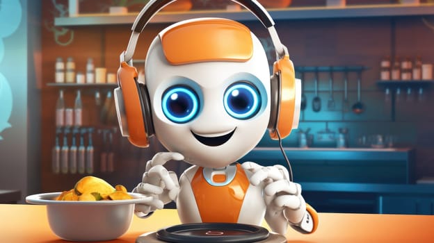 Cute robot with headphones cooking in modern kitchen, futuristic technology concept, AI generated