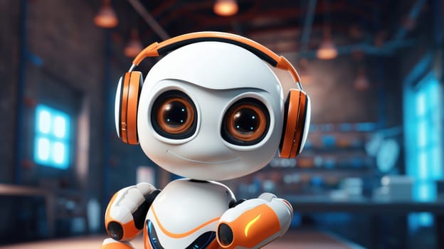 Smiling robot in headphones in a futuristic lab, concept of AI technology, background, AI generated