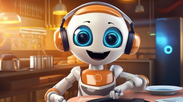 Cute robot with headphones cooking in modern kitchen, futuristic technology concept, AI generated