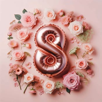 A pink balloon in the shape of the number eight is surrounded by pink roses and petals on a pink background. The scene is a celebration of International Women's Day. High quality photo