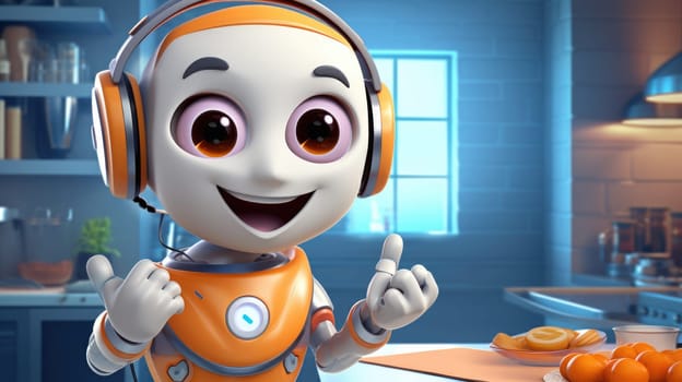 Cute robot with headphones cooking in modern kitchen, futuristic technology concept, AI generated