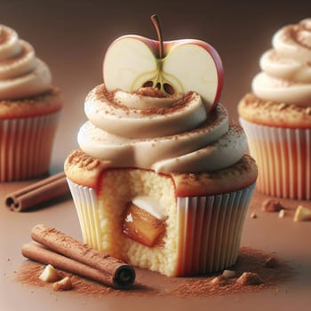 A cupcake with apple filling, topped with apple slices, cinnamon, and vanilla frosting. The cupcake is cut open, revealing the caramel filling. High quality photo