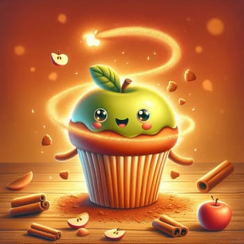 A green apple cupcake with a cute face and a magical glow. The cupcake is surrounded by apples, cinnamon sticks, and a sprinkle of cinnamon powder. High quality photo