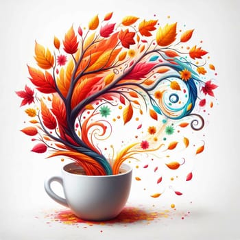 A white coffee cup with a swirling, colorful tree growing out of it. The tree has orange, yellow, and red leaves, symbolizing the changing seasons. High quality photo