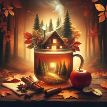 A steaming mug of tea with a miniature autumn scene inside, including a log cabin, trees, and leaves. The mug is on a wooden table with cinnamon sticks, star anise, and an apple. High quality photo