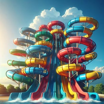 A tall, multi-colored water slide complex with a blue pool at the bottom. The slide is designed with multiple twists and turns, creating a thrilling and exciting experience. High quality photo