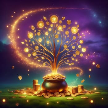 A golden money tree growing out of a pot filled with gold coins. The tree has many branches with gold coins as leaves, and it is surrounded by a sparkling trail of light. High quality photo
