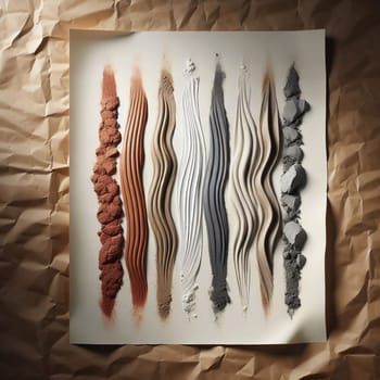 A still life of seven different colored clays arranged in a wavy pattern on a sheet of brown paper. The clays are arranged in a vertical line. High quality photo