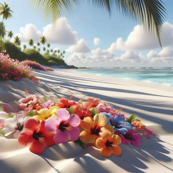 A tropical beach scene with colorful hibiscus flowers on the white sand. The beach is surrounded by palm trees and the ocean is in the background. High quality photo