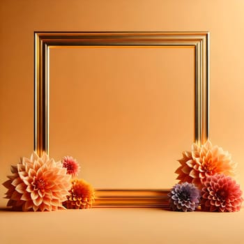 A golden frame with a blank space in the center, surrounded by dahlias in shades of orange, pink, and purple. The flowers are arranged around the frame. High quality photo