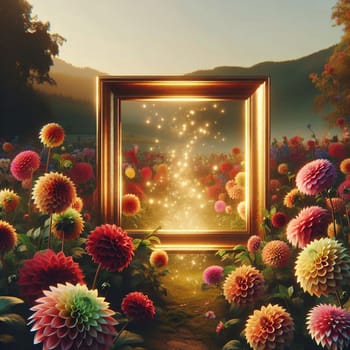 A golden frame with a blank space in the center, surrounded by dahlias in shades of orange, pink, and purple. The flowers are arranged around the frame. High quality photo