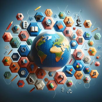 A 3D illustration of the earth surrounded by hexagonal shapes, each containing a different educational icon, such as books, pencils, musical notes, and a microscope. High quality photo