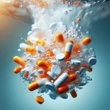 A group of pills and capsules falling into water with bubbles and a light shining through the water. High quality photo