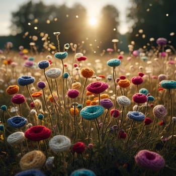 A field of colorful crocheted flowers in a field of green grass, with the sun shining through the flowers. High quality photo