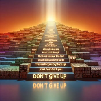 A staircase made of words leading to a bright light at the top. The words are motivational quotes, and the top step says Don't Give Up. High quality photo