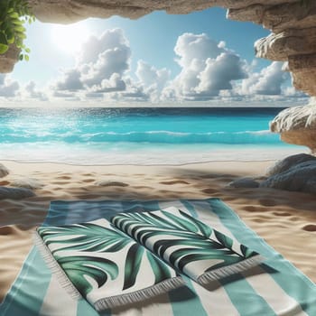A view of a beach through a cave opening. A striped beach towel with a tropical leaf design is laid out on the sand. The ocean is in the background, with the sun shining brightly. High quality photo