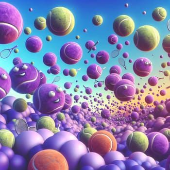A whimsical scene with a vast field of purple, pink, and orange tennis balls with smiling faces. Some tennis balls are floating in the air, with tennis rackets. High quality photo