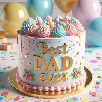 A pink and blue birthday cake decorated with colorful sprinkles, stars, and the words Best Dad Ever in gold lettering. The cake is surrounded by balloons and confetti. High quality photo