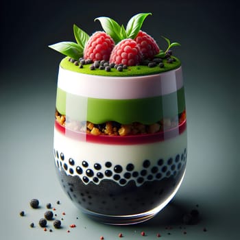 A glass dessert cup filled with layers of black tapioca pearls, pink and white cream, green matcha, and topped with raspberries and green leaves. High quality photo