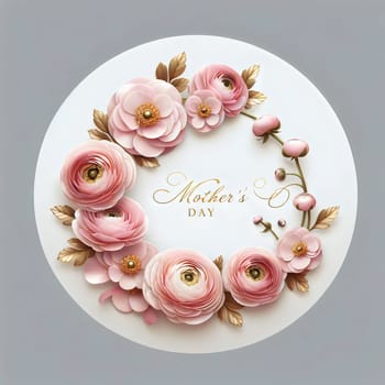 A circular wreath of pink paper flowers with gold leaves and the words Mother's Day in gold lettering. The wreath is on a white background. High quality photo