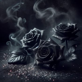 Three black roses with a glittery finish are lying on a dark background with smoke and glitter around them. The scene is elegant and mysterious. High quality photo