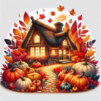 A cozy cottage with a thatched roof, surrounded by pumpkins and autumn leaves. The cottage is lit from within, creating a warm and inviting atmosphere. High quality photo