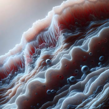 Abstract, 3D rendering of a landscape made of layered, textured surfaces with blue spheres scattered across it. The scene is a mix of organic and geometric shapes. High quality photo
