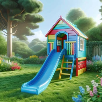 A colorful wooden playhouse with a blue slide in a backyard setting. The playhouse is surrounded by green grass, trees, and flowers. High quality photo