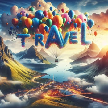 A hot air balloon shaped like the word TRAVEL is floating over a mountain landscape. The balloon is filled with colorful balloons, creating a whimsical scene. High quality photo