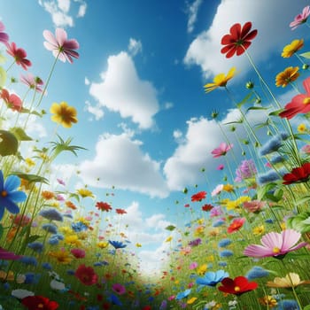A field of colorful cosmos flowers with a blue sky and white clouds in the background. The flowers are arranged in a path leading towards the sky. High quality photo