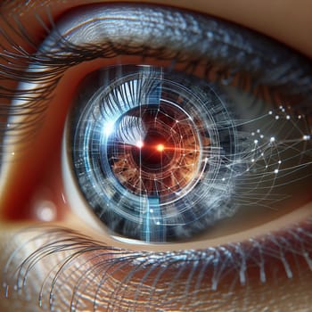 A close-up shot of a human eye with a digital overlay, representing the concept of augmented reality or artificial intelligence surrounded by glowing lines and patterns. High quality photo