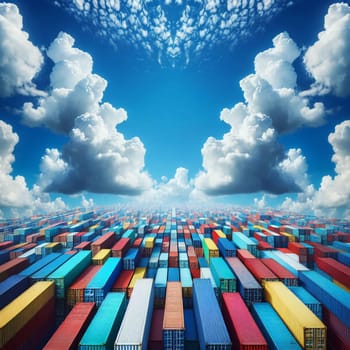 A vast, aerial view of a sea of colorful shipping containers stacked against a blue sky with white clouds. The containers form a grid-like pattern. High quality photo