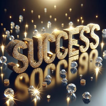 The word Success is rendered in a golden, sparkling font, with diamonds scattered around it. The word is reflecting on a dark, reflective surface. High quality photo