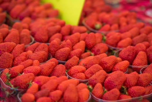 Natural organic strawberries in boxes at a farmers market