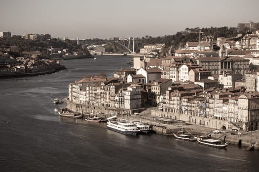 Overview of Old Town of Porto, Portugal. Ribeira and Douro river