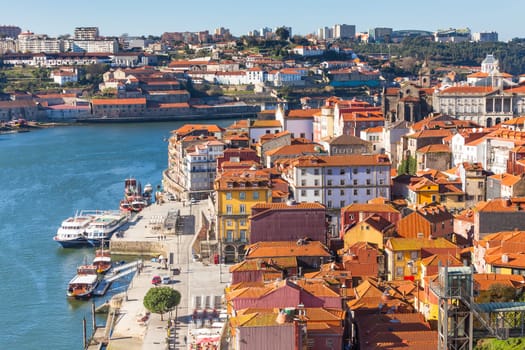 Overview of Old Town of Porto, Portugal. Ribeira and Douro river