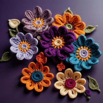 A collection of colorful crocheted flowers with green leaves, arranged on a purple background. The flowers are in different sizes and shapes. High quality photo
