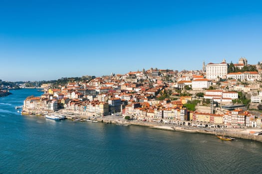 Overview of Old Town of Porto, Portugal. Ribeira and Douro river
