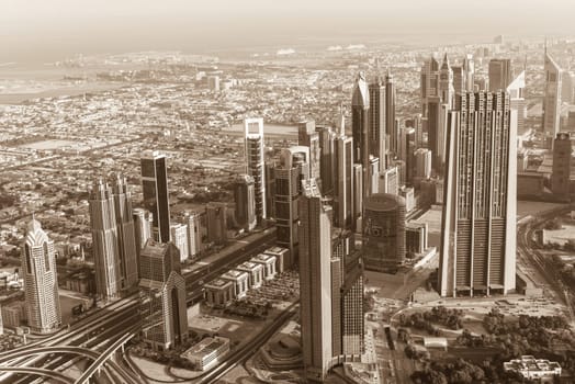 Dubai downtown morning scene. Top view from above. Sepia toned shot