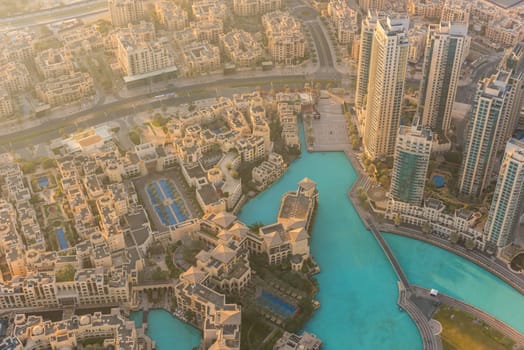 Dubai downtown morning scene. Top view from above