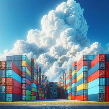 A large cloud hangs over a row of colorful shipping containers. The containers are stacked high, creating a sense of scale and grandeur. High quality photo