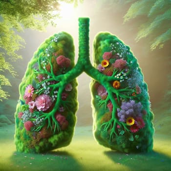 A pair of lungs formed by lush green moss and colorful flowers. This symbolizes the importance of nature and clean air for good health. High quality photo