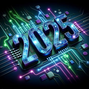 The year 2025 is rendered in a futuristic, glowing style, with circuit boards and wires surrounding it. This symbolizes the technological advancements and innovation of the future. High quality photo