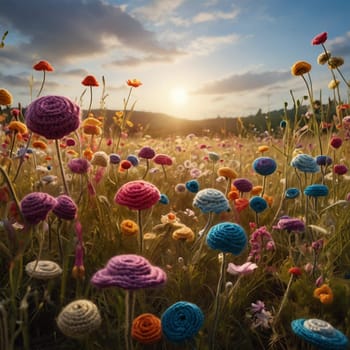 A field of colorful crocheted flowers with a sunset in the background. The flowers are arranged in a whimsical pattern, creating a cheerful and vibrant scene. High quality photo