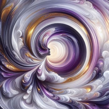Abstract, swirling patterns of purple, white, and gold, forming the shape of a woman's face. The swirling patterns create a sense of movement and energy. High quality photo