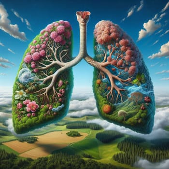 A pair of lungs formed by trees, flowers, and mountains, floating above a landscape of rolling hills, symbolizes nature's interconnectedness and human health. High quality photo