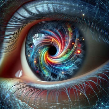 A human eye with a swirling, colorful galaxy inside it, representing the vastness and wonder of the universe and the power of human perception. High quality photo