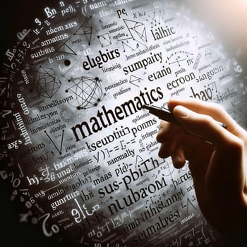 A hand writing the word mathematics surrounded by swirling, abstract symbols and numbers. This represents the complex and intricate nature of mathematics. High quality photo