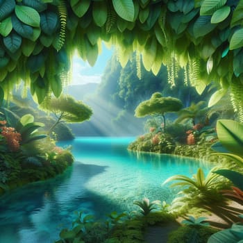 A view of a tropical lagoon, surrounded by lush greenery, with sun rays shining through the trees. The water is clear and turquoise, inviting relaxation and tranquility. High quality photo